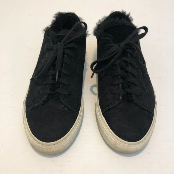 Woman by Common Projects Sherpa Suede Fuzzy Black Low Lace Up Designer Sneakers - Picture 3 of 9
